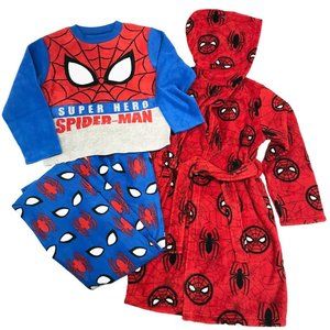 Boys Marvel SPIDER-MAN Fleece Pajamas & Hooded Robe Bathrobe Set Size 8 10  NEW